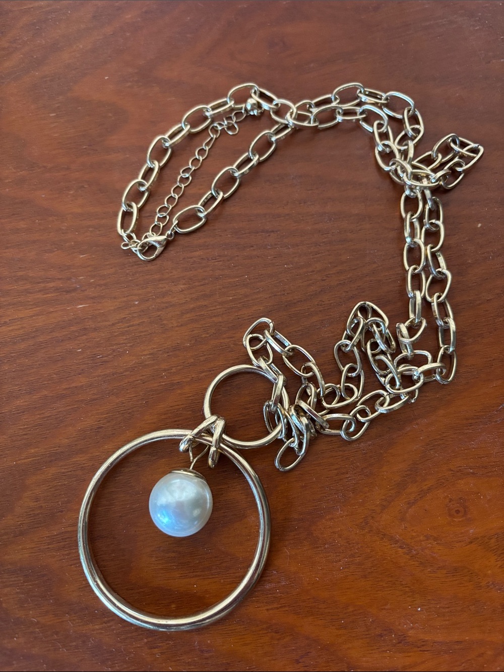 Gold-Tone Double Ring Pendant Necklace with Pearl Accent - Gold